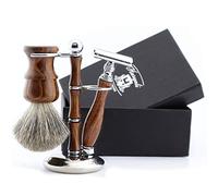 Haryali London Kit de afeitado - Kit de afeitado de madera de 3 piezas - Maquinilla de afeitar de doble filo - Cepillo de afeitar Super Badger - Soporte de madera y acero inoxidable - Juego de