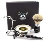 Haryali London Kit de afeitado negro para hombre, 3 filos, compatible con cepillo de afeitar de pelo de tejón, soporte, jabón y tazón perfecto para hombres