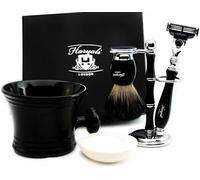 Haryali London Kit de afeitado para hombre 3 filos de con cerdas de pelo de tejón negro, soporte