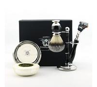 Haryali London Kit de afeitado para hombre, 5 piezas, 5 filos, maquinilla de afeitar con pelo de tejón sintético, soporte y jabón perfecto para hombres
