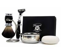 Haryali London Kit de afeitado para hombre, 5 unidades, 3 filos, con cerdas de pelo de tejón negro, cepillo, soporte, jabón y cuenco perfecto para hombres
