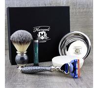 Haryali London Kit de afeitado para hombre, 5 unidades, 5 filos, con cepillo de afeitado de pelo de tejón sintético, jabón, cuenco y alumbrado perfecto para hombres