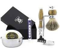 Haryali London Kit de afeitado para hombre, 6 piezas, 3 filos, con cepillo de afeitar de pelo de tejón negro, soporte, jabón, cuenco y lápiz de aluminio perfecto para hombres