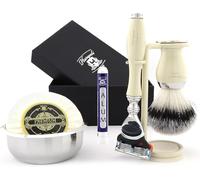 Haryali London Kit de afeitado para hombre, 6 unidades, 5 filos, con cepillo de pelo de tejón sintético, soporte, jabón, cuenco y alumbrado, juego perfecto para hombres