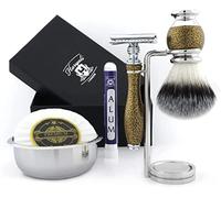 Haryali London - Kit de afeitado para hombre con doble filo, cepillo de pelo de tejón sintético, cuenco, soporte, jabón y alum para hombres