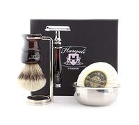 Haryali London Maquinilla de afeitar de seguridad de doble filo con cepillo de pelo de tejón de punta plateada, soporte, jabón y kit de afeitado para hombre, juego de regalo perfecto de Año Nuevo