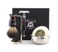 Haryali London Maquinilla de afeitar de seguridad de doble filo de 5 piezas con cepillo de pelo de tejón negro puro, soporte, jabón y cuenco kit de afeitado para hombre, perfecto regalo de Año Nuevo