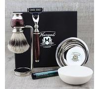 Haryali London Maroon Antique Design - Juego de afeitado para hombre (3 filos, navaja de afeitar, brocha de afeitar, cuenco de afeitar, jabón de afeitar, soporte de afeitado y lápiz de alumbrado)
