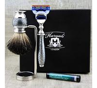 Haryali London Silver Antique - Juego de afeitado para hombre con cuchilla de afeitar de 5 cantos, brocha de afeitar de tejón negra, soporte de afeitar y lápiz de almendra