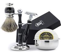 Haryali LondonJuego de afeitado 100% hecho a mano para hombres. Regalo ideal para esta Navidad. El juego incluye cepillo de pelo de tejón negro puro, 3 cuchillas para elegir, cuenco de afeitar con soporte para jabón y cepillo, , , De Safety Razor, 1 uds. por paquete, ]