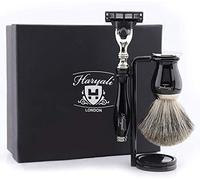 Haryali Londres -Maquinilla de afeitar de 3 filos con brocha de afeitar Super Badger, kit de afeitado perfecto para hombres