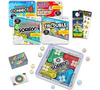 Hasbro Gaming Juego magntico de viaje para nios Paquete con 4 juegos de viaje en lata con pegatinas Connect 4 Sorry Trouble Guess Who Plus |