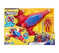 Hasbro Marvel Avengers Epic Hero Series, Iron Man con Jet de Combate, Avión de Juguete con Minifigura, Cabina Que se Abre, Lanzador, Accesorio Azul, Idea de Regalo para 4 Años o Más
