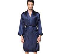 Haseil Kimono de satén para Hombre, Bata de Primavera, Verano, Chal, Pijamas, Bata de Seda clásica - Azul - Taille d'étiquetteX-Large=Large