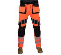 HASHOOB TRADING FZE Pantalones de trabajo de alta visibilidad para hombre, con funda de forro polar y rodilleras, con bolsillo para correr, naranja, S