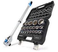 HASKYY Juego de 22 llaves de vaso XZN de 8 a 36 mm, 1/2 pulgadas y trinquete telescópico extensible de 1/2 pulgadas, carraca reversible de 610 a 750 mm, 72 dientes, de acero CR-V