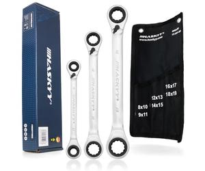 HASKYY Juego de 3 llaves de carraca de doble anillo, tamaño de llave 8-19 mm en bolsa de sistema I 8-10x9-11 I 12-13x14-15 I 16-17x18-19 Juego de llaves de boca de anillo