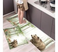 HASLEFND Alfombra Cocina Lavable Antideslizante, Juego de 2 Alfombrillas Ilustraciones de Animales Osos pardos y Zorros del Bosque, Alfombras Pasillo para Salón, Lavadero, 50x80+50x150cm, Verde Claro