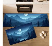 HASLEFND Alfombra Cocina Lavable Antideslizante, Juego de 2 Alfombrillas Paisaje Minimalista Montañas, bosques, Luna Llena, Alfombras Pasillo para Salón, Lavadero, 50x80+50x150cm, Azul Oscuro