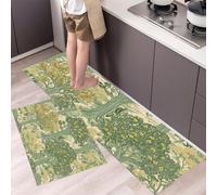 HASLEFND Alfombra Cocina Lavable Antideslizante, Juego de 2 Alfombrillas Plantas Retro Árboles del Bosque, Alfombras Pasillo para Salón, Lavadero, 45x75+45x150cm, Verde Claro