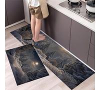 HASLEFND Alfombra de Cocina Paisaje Invernal Bosque Iluminado por la Luna 2 Piezas, Alfombrillas de Cocinas Lavables para Suelo, Suaves Alfombrillas de Cocina Antideslizantes 50x80+50x150cm