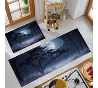 HASLEFND Alfombra de Cocina Vista Nocturna Niebla del Bosque de pinos con Luna Llena 2 Piezas, Alfombrillas de Cocina Lavables para Suelo, Suaves Alfombrillas de Cocinas Antideslizantes Azul Oscuro