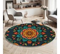 HASLEFND Alfombra de Salón de Pelo Corto, Tapetes Estilo Bohemio Patrón de Mandala Antideslizantes y Lavables, Alfombra Redondas para Sala, Habitación, Dormitorio, Comedor, Azul-Verde, Round 80cm