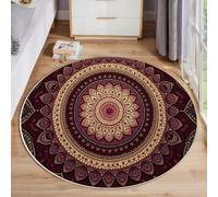 HASLEFND Alfombra de Salón de Pelo Corto, Tapetes Estilo Retro Mandala geométrico Antideslizantes y Lavables, Alfombra Redondas para Sala, Habitación, Dormitorio, Comedor, Rojo Oscuro, Round 80cm