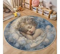 HASLEFND Alfombra Estilo De Pintura Al Óleo Retro Bebé Durmiendo sobre Una Luna Creciente 100cm, Lavable a máquina, Antideslizante, Pelo bajo, no desprende Pelusa, para Dormitorio, Azul