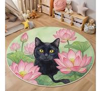 HASLEFND Alfombra Redonda para niños de 160cm,Alfombra educativa Antideslizante con diseño de Flores de Loto, Hojas de Loto, Gato Negro Animales y Flores, decoración de habitación de niños,Verde