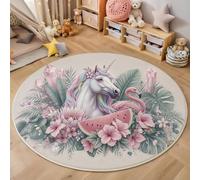 HASLEFND Alfombra Redonda para niños de 60cm, Lavable y Suave, Alfombra educativa Antideslizante con diseño de Flor de Unicornio Estilo Tropical, Rosa