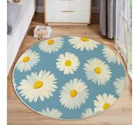 HASLEFND Alfombras Redondas Azul Claro 100cm Alfombra Salon Antideslizante Alfombras Lavables en Lavadora Alfombra Habitacion Estilo Fresco Dibujado a Mano Margaritas Blancas Tapete Quarto Pelo Corto