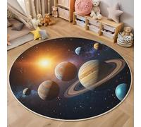 HASLEFND Alfombras Redondas Galaxia del Universo Planeta Tierra Sol de 80cm, Lavable,Suave, para sofá, habitación de niños, Alfombra Redonda Envejecida para Dormitorio, Entrada, Amarillo Azul