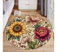 HASLEFND Alfombras Redondas Rosa Amarillo 80cm Alfombra Salon Antideslizante Alfombras Lavables en Lavadora Alfombra Habitacion Flores pintadas a Mano Flores de Girasol Tapete Quarto Pelo Corto