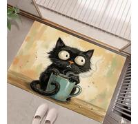 HASLEFND Around Felpudo Animales interesantes Gato sosteniendo una Taza para el hogar, decoración de la Vida,Alfombrillas de Regalo de Interior Ideas 40 x 60 cm Lavable a máquina Negro y marrón