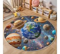 HASLEFND Azul Estilo Espacial de Dibujos Animados Tierra Saturno Alfombra Redonda 60cm Antideslizante Lavable Lavadora Redondo Tapetes para Sala Comedor Habitacion Juvenil Exterior Terraza Pelo Corto
