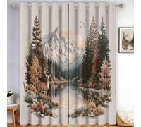 HASLEFND Cortinas Térmicas Aislantes Frío Ilustración de Paisaje - Cortinas Bosque de Ciervos Sika de montaña Nevada para Salon y Dormitorio, 2 Piezas con Ojales 140 x 160 cm, Marrón Beige