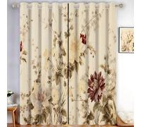 HASLEFND Cortinas Térmicas Aislantes Frío y Calor Opacas Blackout - Cortinas Estampado Floral Retro Ramas y Hojas de peonía para Salon y Dormitorio, 2 Piezas con Ojales 140 x 145 cm, Marrón Beige