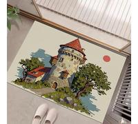HASLEFND Estilo arquitectónico de Dibujos Animados Felpudo Decorativas, Alfombrilla Verde Torre de Piedra Vegetación Antideslizante Junta de Goma Alfombras para Exteriores e Interiores60 x 90 cm
