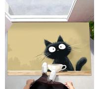 HASLEFND Felpudo Absorbente para Interior 45 x 75 cm, Alfombra Antideslizante para Puerta Principal, Taza de café Gato Negro Animales de Dibujos Animados, Felpudo de Bienvenida,Amarillo Claro