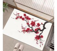 HASLEFND Felpudo de Entrada 45 x 75 cm, Felpudo Entrada Lavable en Lavadora Felpudos Estilo Chino Sencillo Flores de Ciruelo Rojas pintadas a Mano con Base Antideslizante de TPR Alfombra Rojo