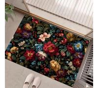 HASLEFND Felpudo de Entrada 45 x 75 cm, Felpudo Entrada Lavable en Lavadora Felpudos Estilo de Pintura al óleo Retro Hojas de Flores Multicolores con Base Antideslizante de TPR Alfombra Rojo y Verde