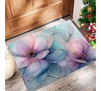 HASLEFND Felpudo de Entrada 45 x 75 cm, Felpudo Entrada Lavable en Lavadora Felpudos Flores de Lujo Flores con Degradado de Acuarela con Base Antideslizante de TPR AlfombraAzul y Rosa