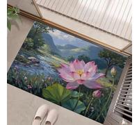 HASLEFND Felpudo de Entrada 45 x 75 cm, Felpudo Entrada Lavable en Lavadora Felpudos Flores de Paisaje Flores de Loto, Arroyos, montañas lejanas con Base Antideslizante de TPR Alfombra Verde