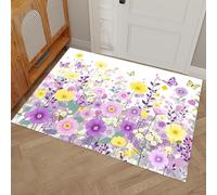 HASLEFND Felpudo de Entrada 45 x 75 cm, Felpudo Entrada Lavable en Lavadora Felpudos Flores Frescas Flores y Mariposas en Acuarela con Base Antideslizante de TPR AlfombraPúrpura