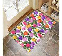 HASLEFND Felpudo de Entrada 45 x 75 cm, Felpudo Entrada Lavable en Lavadora Felpudos Flores pintadas a Mano Tulipanes de Colores con Base Antideslizante de TPR Alfombra con Microfibras Suaves Rosa