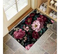 HASLEFND Felpudo de Entrada 45 x 75 cm, Felpudo Entrada Lavable en Lavadora Felpudos Fotografía de Flores Peonía y Hojas Verdes con Base Antideslizante de TPR Alfombra con Microfibras Suaves Rosa