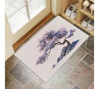 HASLEFND Felpudo de Entrada 45 x 75 cm, Felpudo Entrada Lavable en Lavadora Felpudos Plantas y Flores Roca del árbol de Cerezo en Flor con Base Antideslizante de TPR Alfombra Azul-púrpura