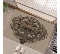 HASLEFND Felpudo para Exterior e Interior - Welcome con Marrón Estilo rococó Cruz Tallada - 60 x 90 cm - Antideslizante - Felpudo Impermeable y Antideslizante - Felpudos para Puerta de casa
