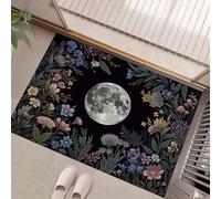 HASLEFND Felpudo Plantas y Flores para Interiores, 90 x 150 cm, Lavable, para la Entrada, atrapa la Suciedad, con Flores Silvestres de Luna Llena e ImpermeableNegro